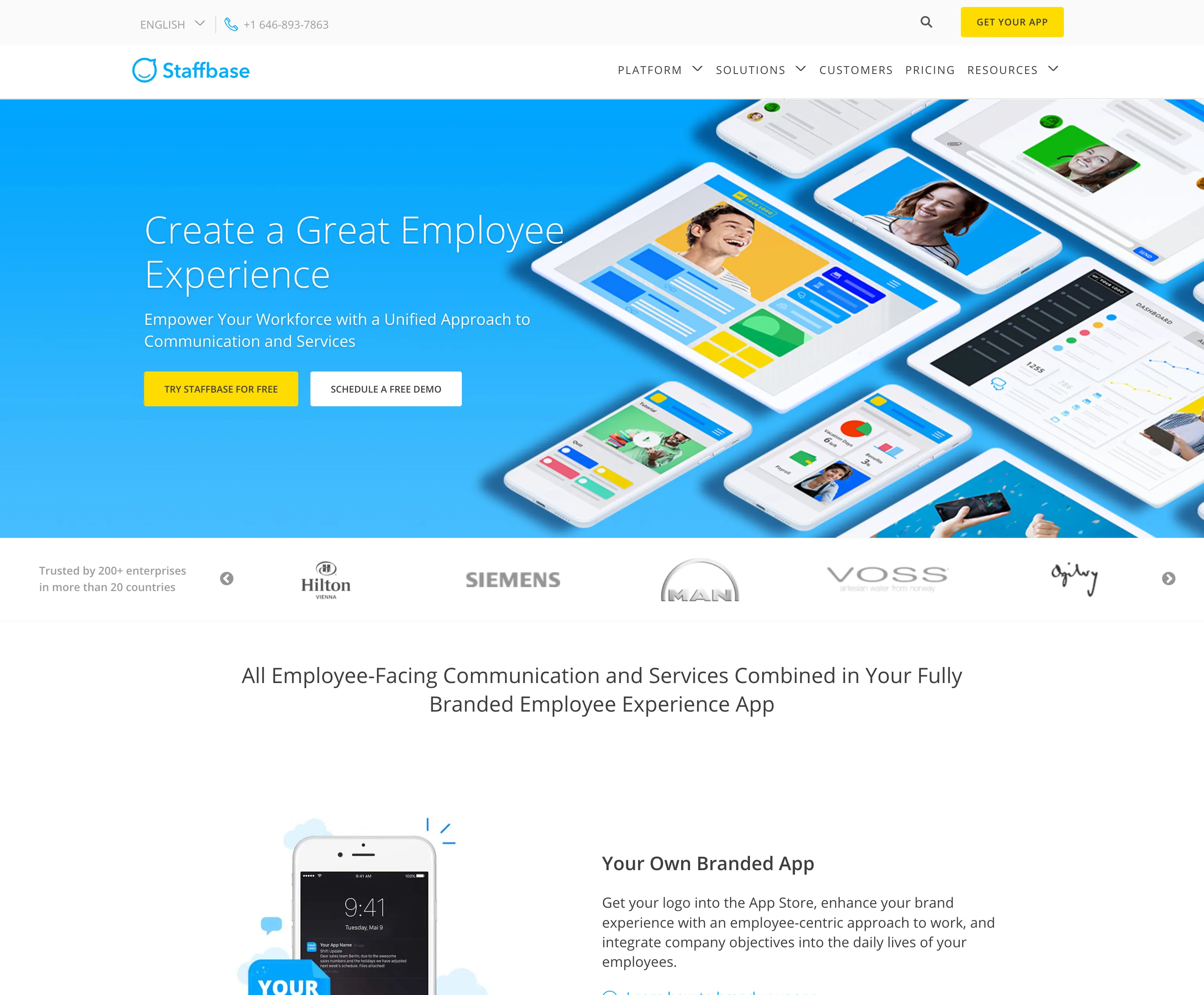 staffbase.com homepage in March 2018, the site Philipp inherited on joining