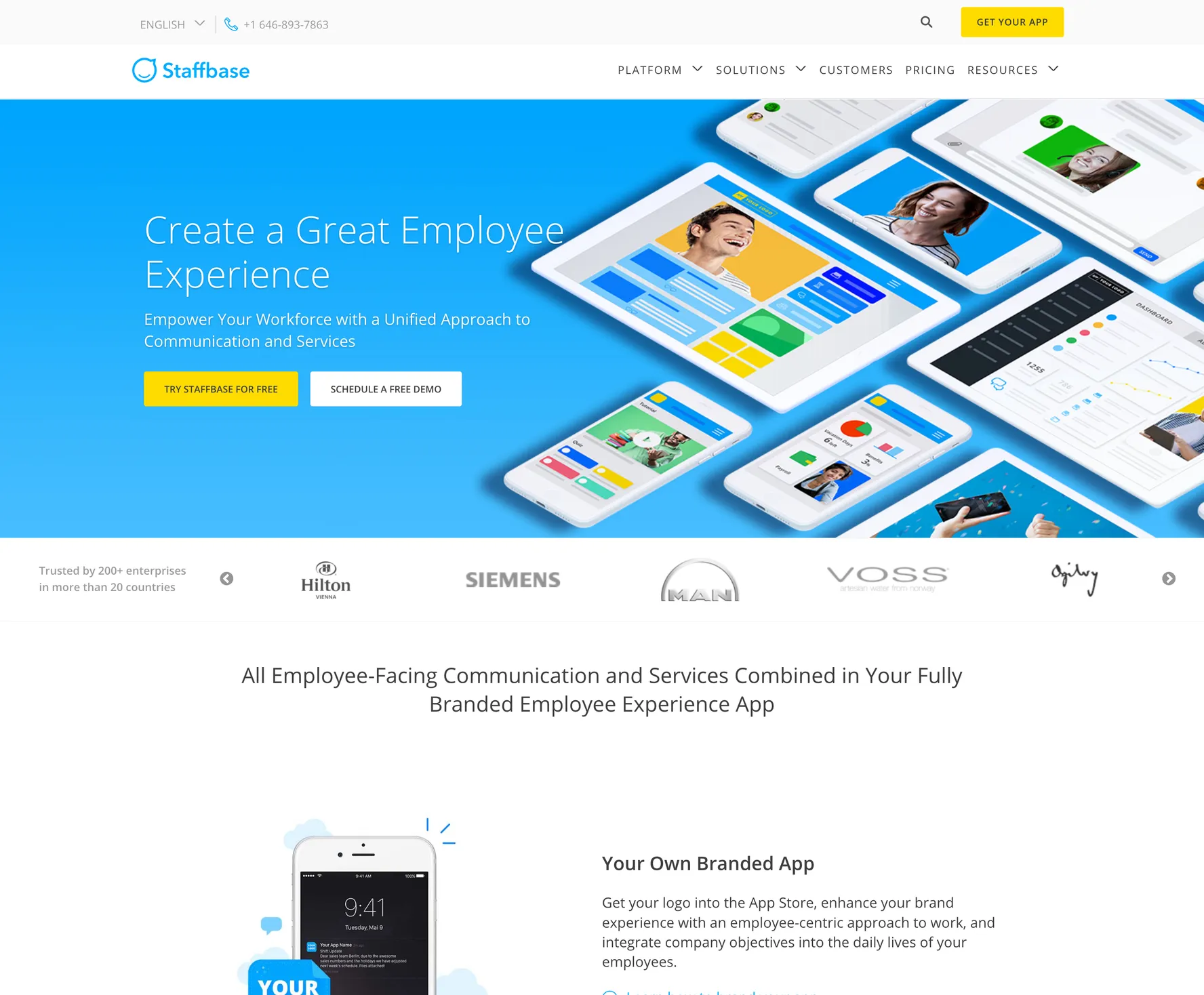 staffbase.com homepage in March 2018, the site Philipp inherited on joining