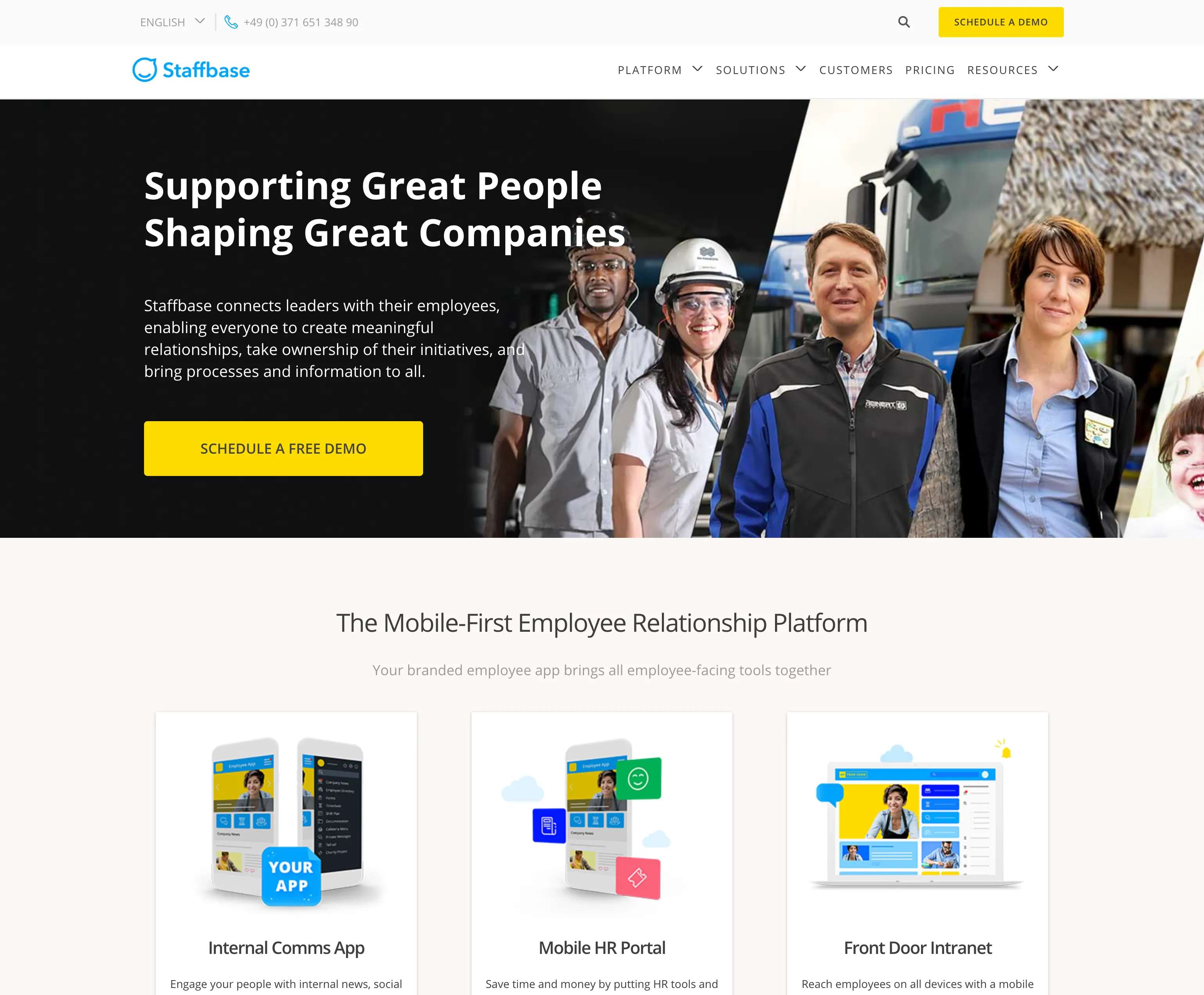 staffbase.com homepage in July 2018 with a new people-led hero