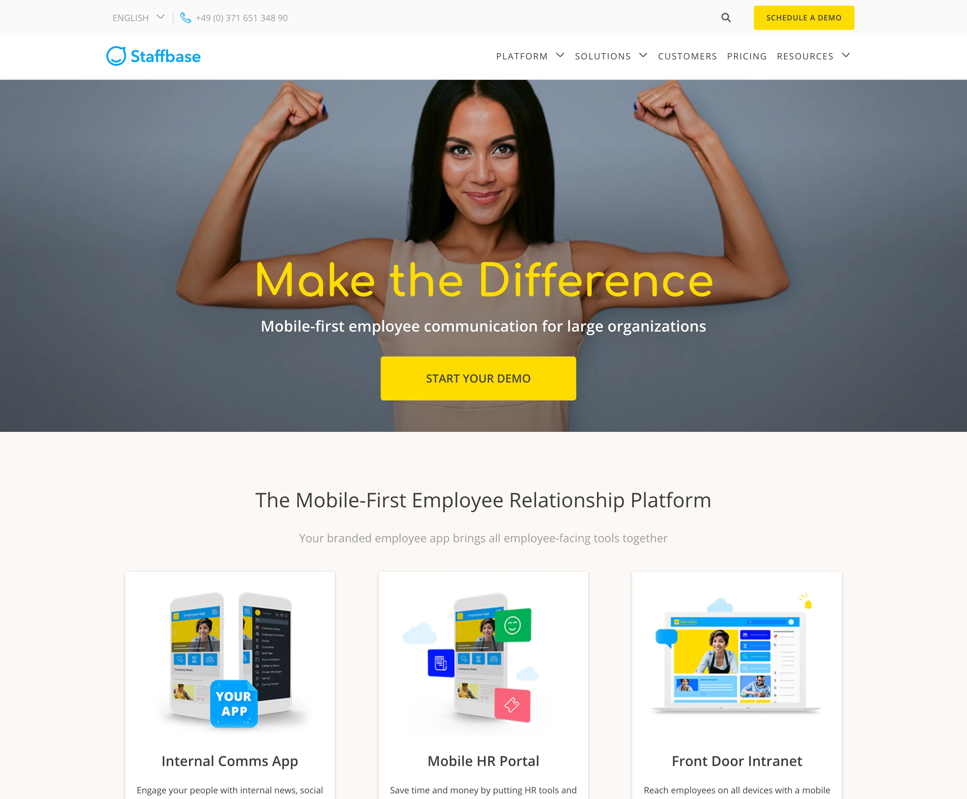 staffbase.com homepage in September 2018 with the Make the Difference hero