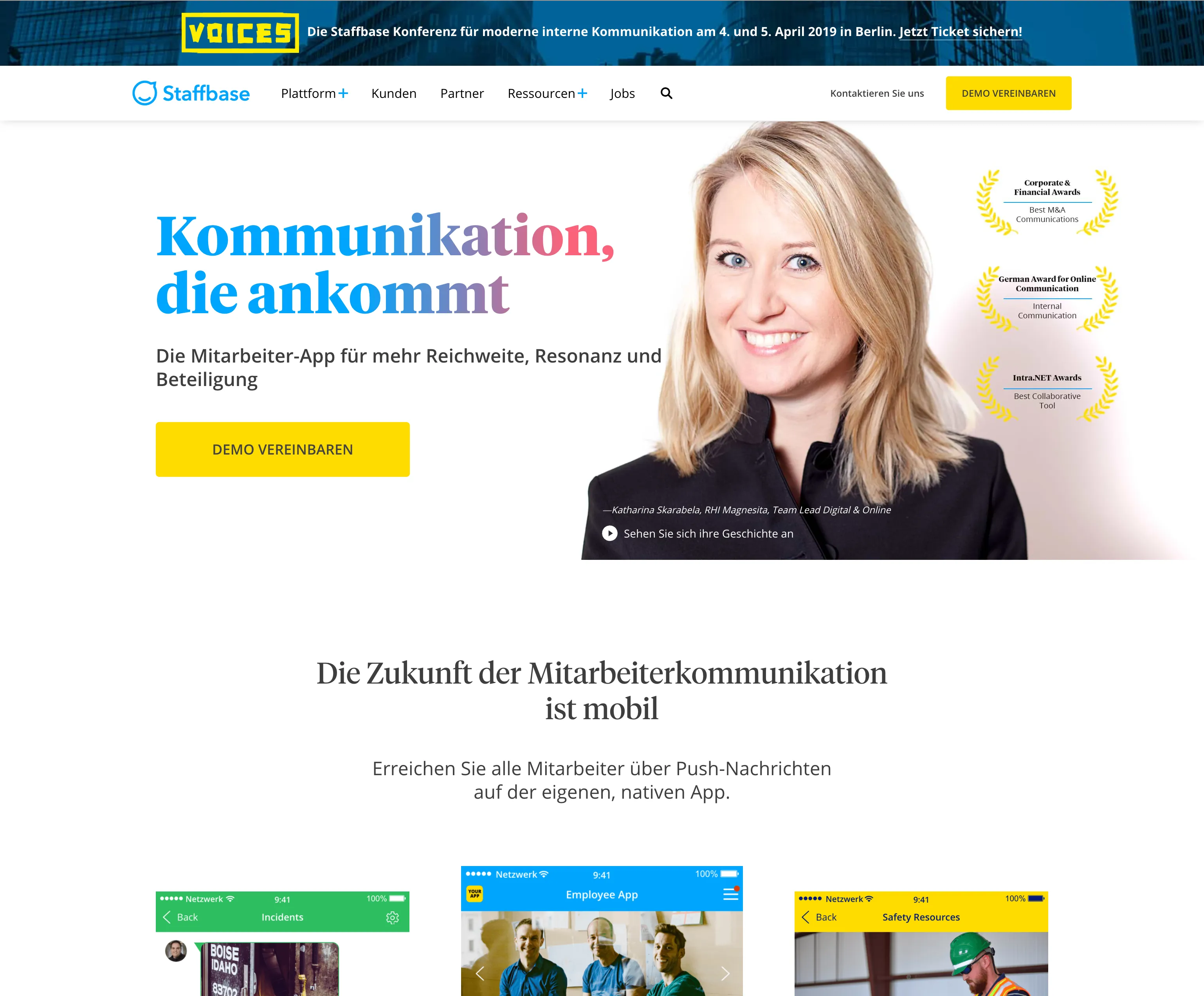 staffbase.com German-language homepage in December 2018 promoting the VOICES conference
