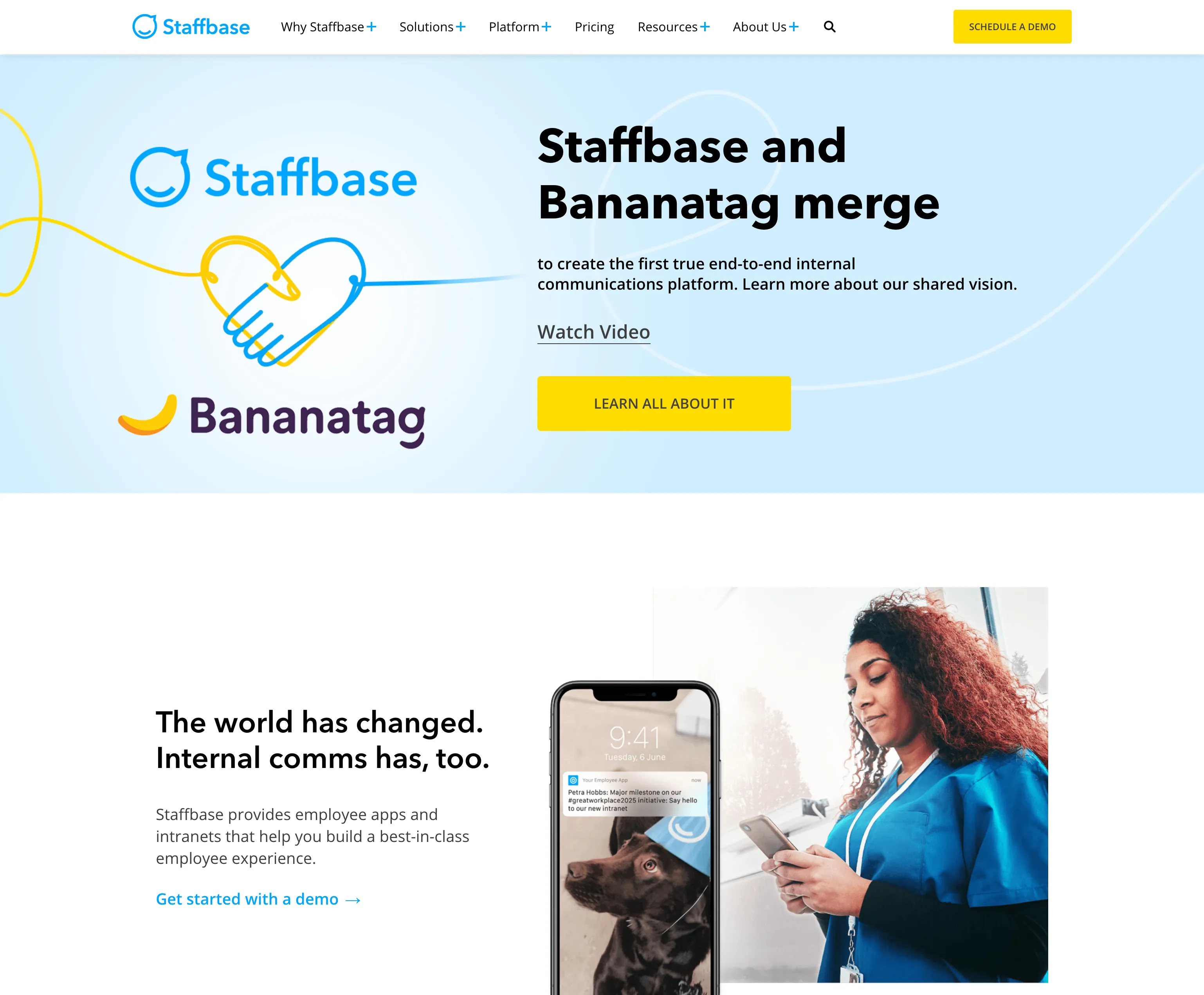 staffbase.com homepage in March 2021 announcing the Bananatag merger