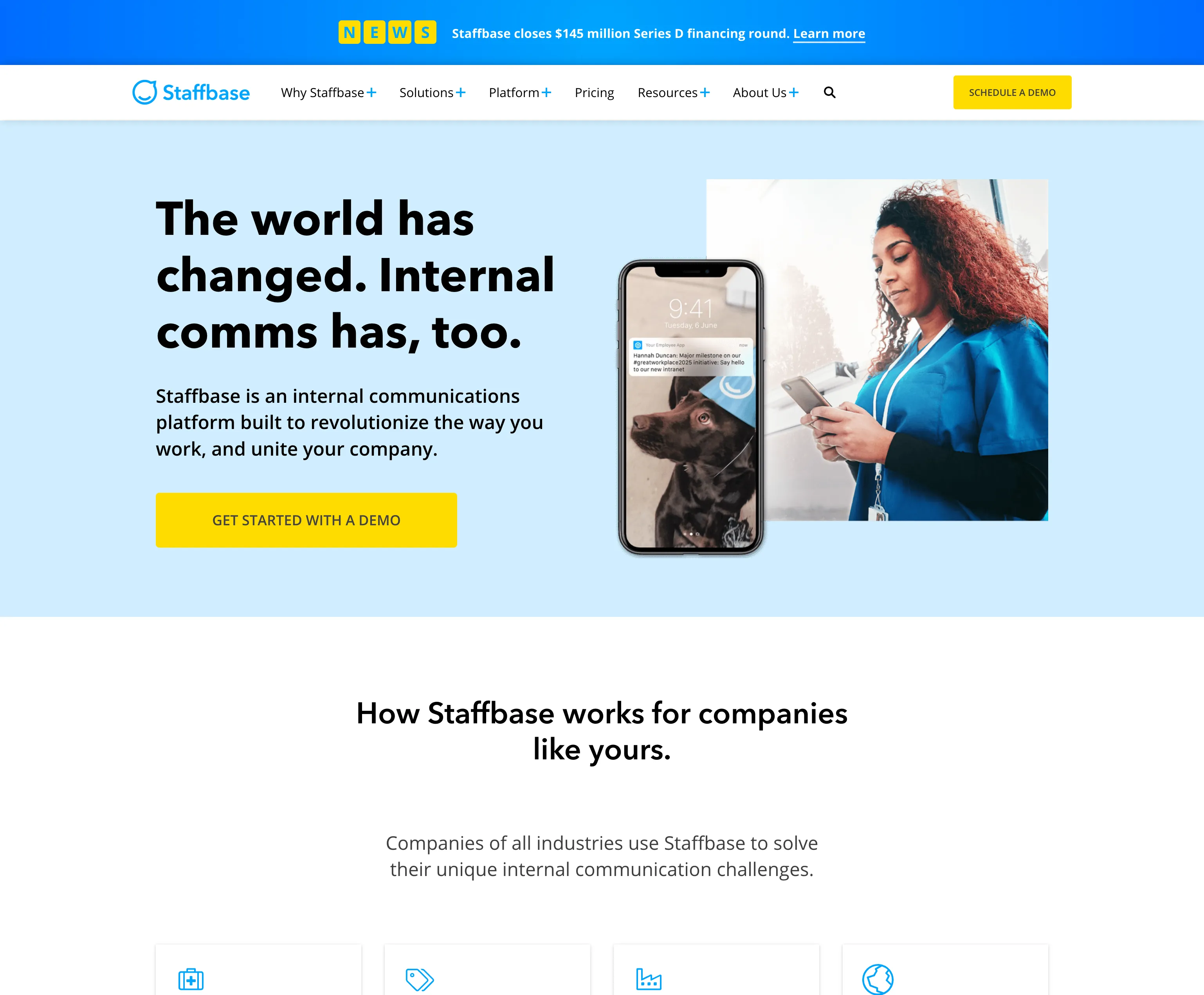 staffbase.com homepage in April 2021 with a Series D funding announcement banner
