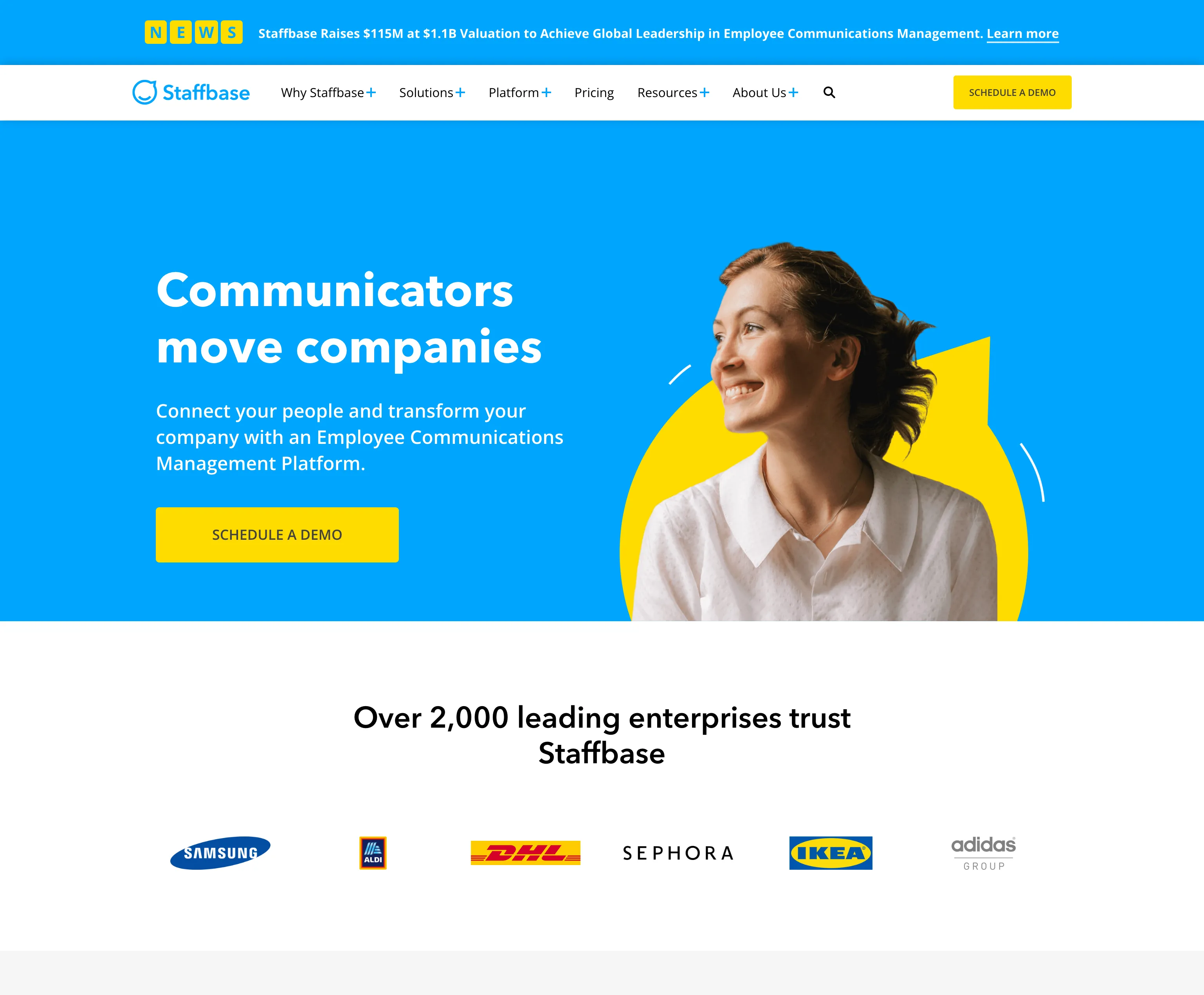 staffbase.com homepage in March 2022, mid-acquisition integration period