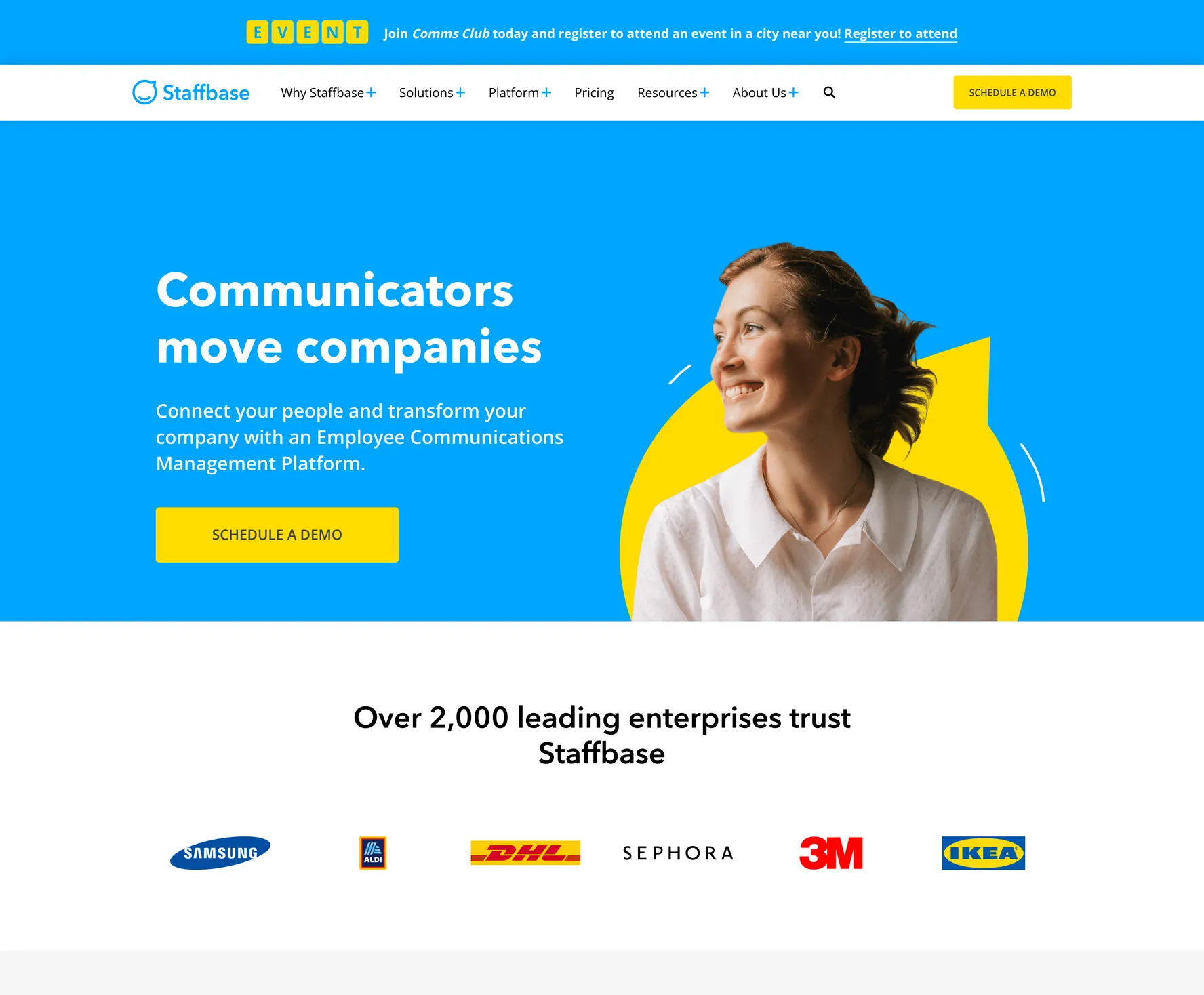 staffbase.com homepage in November 2022, visually almost unchanged from March while integration work continued underneath