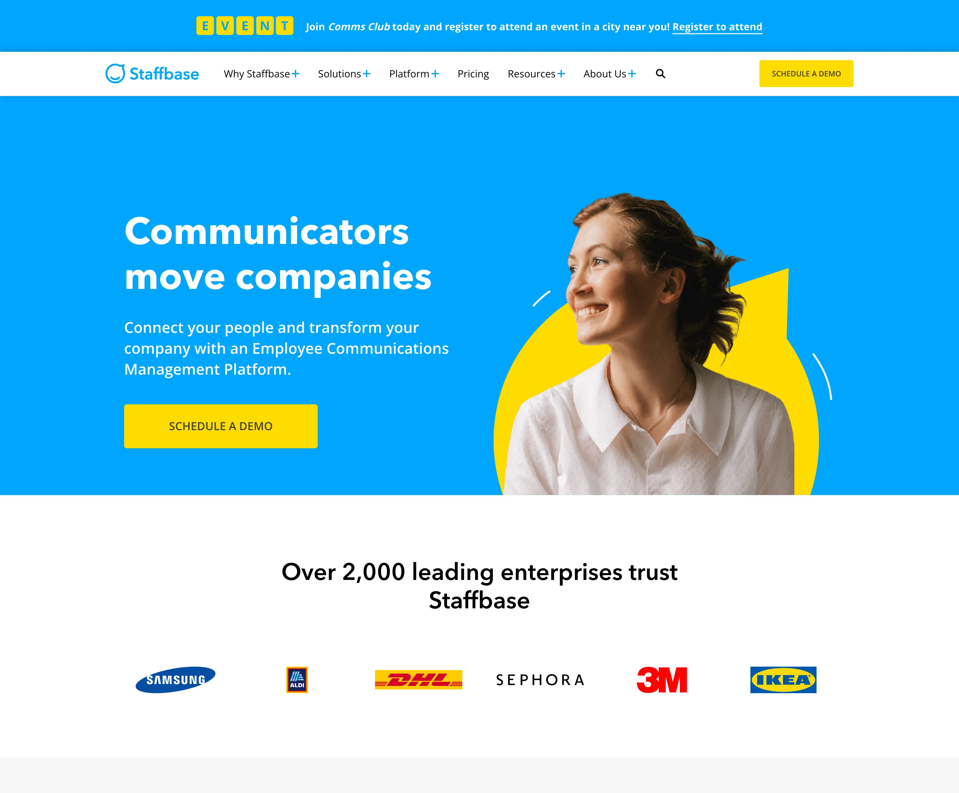 staffbase.com homepage in November 2022, visually almost unchanged from March while integration work continued underneath