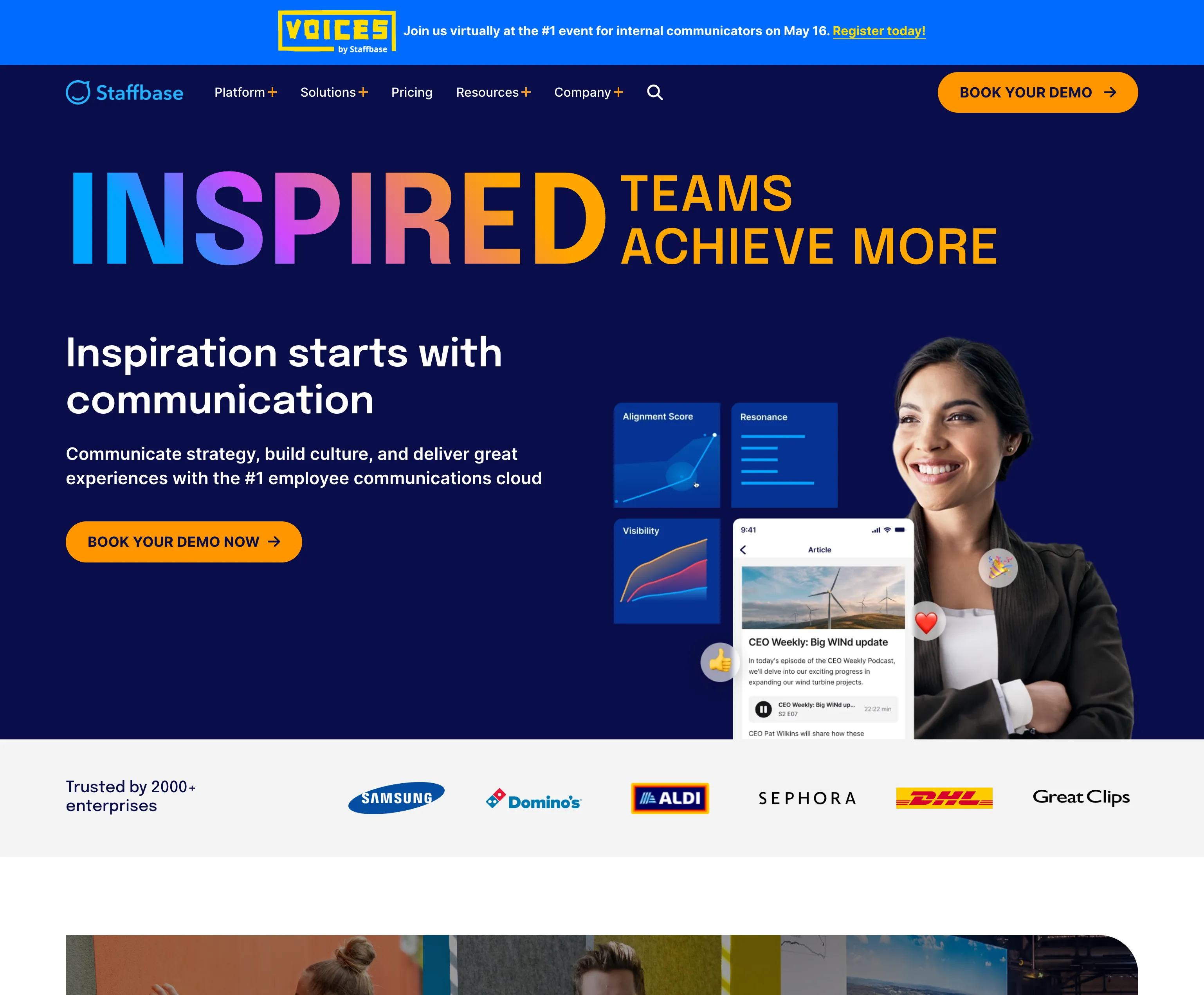 staffbase.com homepage in February 2024 with the Inspired Teams Achieve More headline