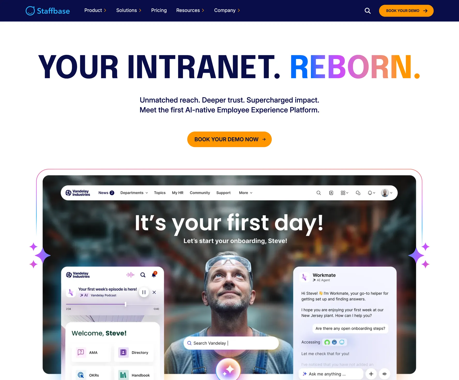 staffbase.com homepage in November 2025 after the Employee AI pivot, with the Your Intranet Reborn headline