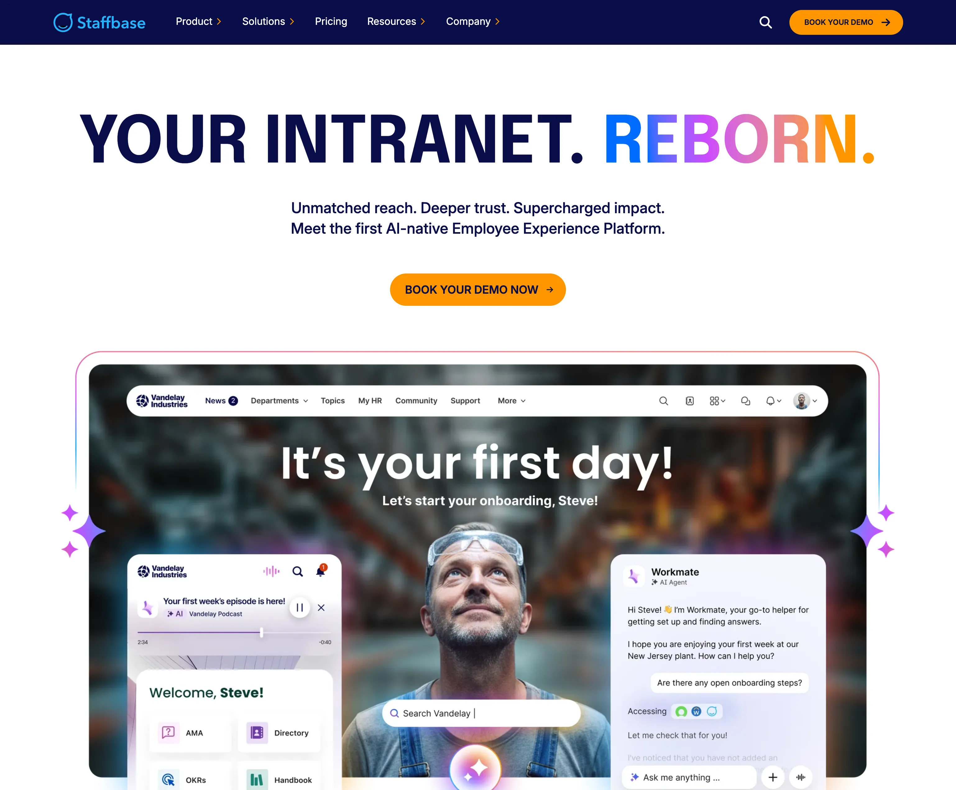 staffbase.com homepage in November 2025 after the Employee AI pivot, with the Your Intranet Reborn headline