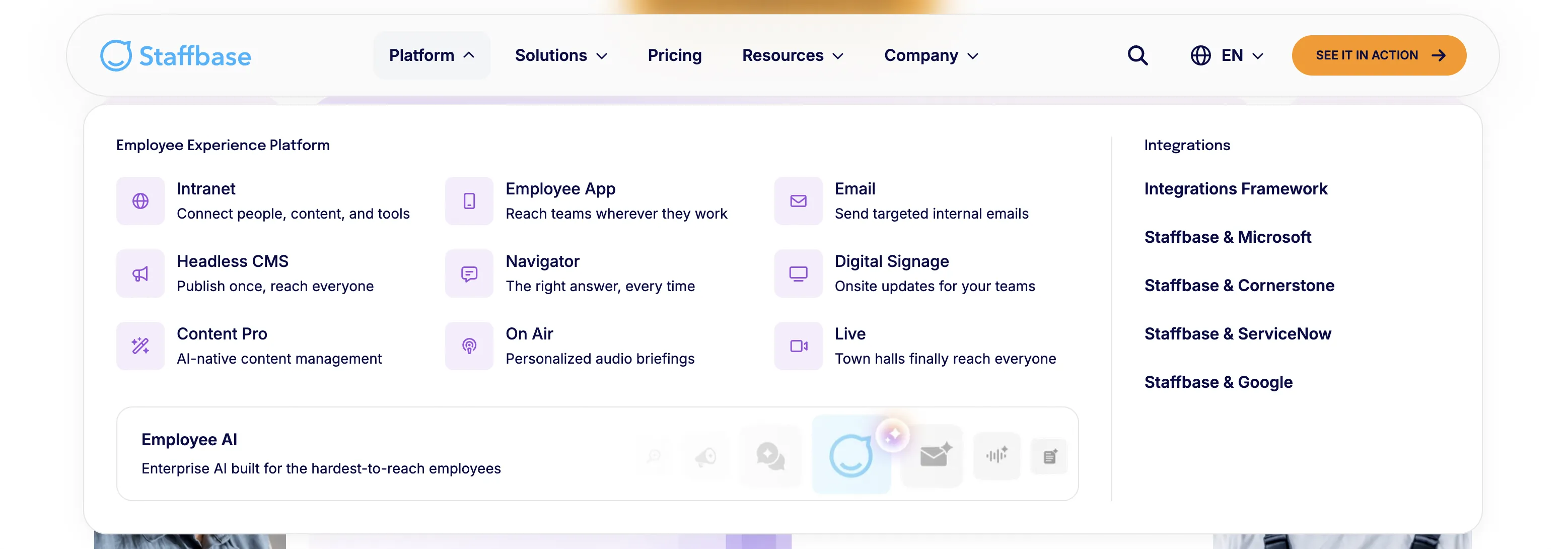 The rebuilt staffbase.com navigation, expanded to show the Platform menu