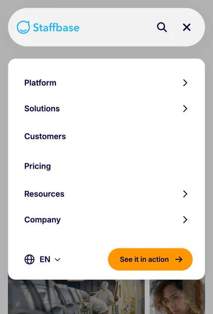 staffbase.com mobile navigation overlay - rebuilt late 2025