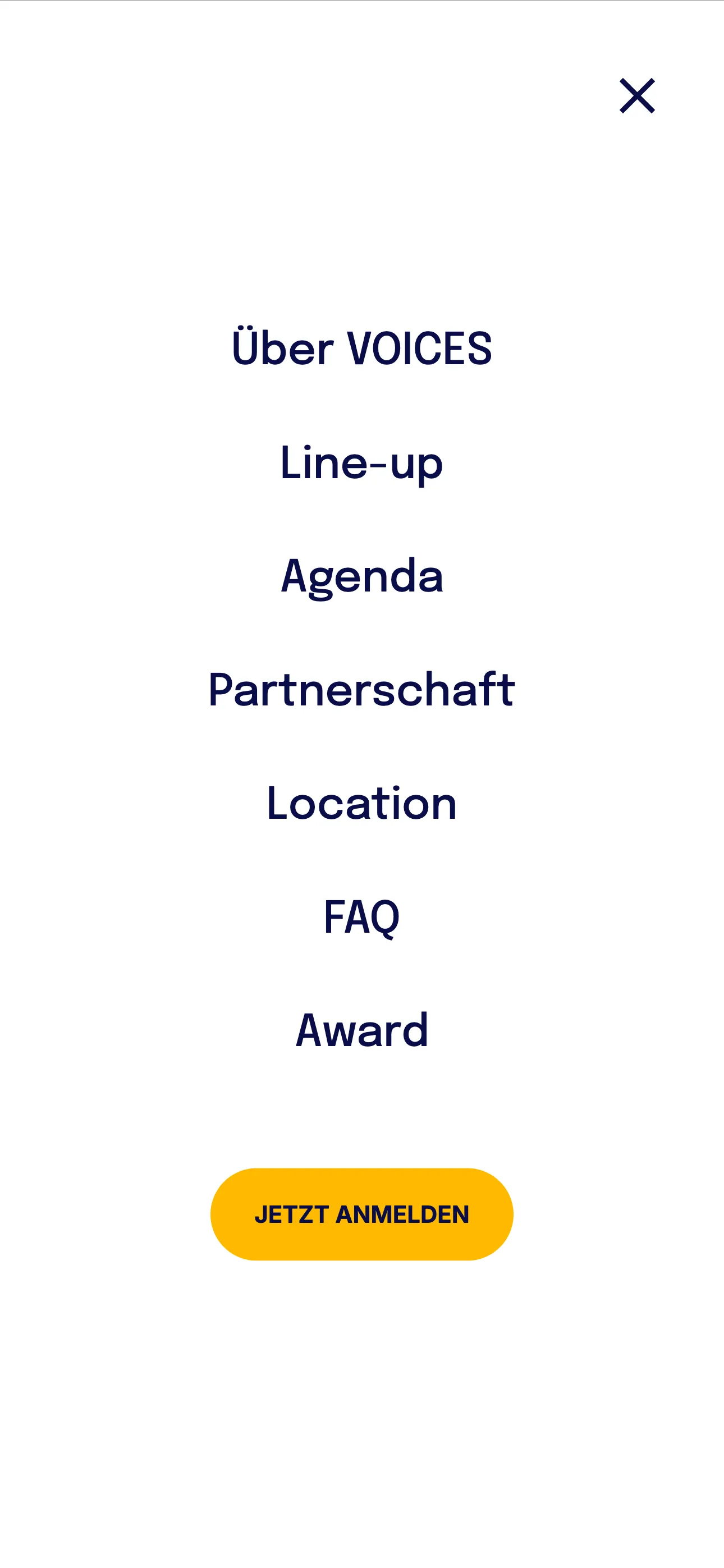 VOICES Berlin mobile navigation menu open, 2026