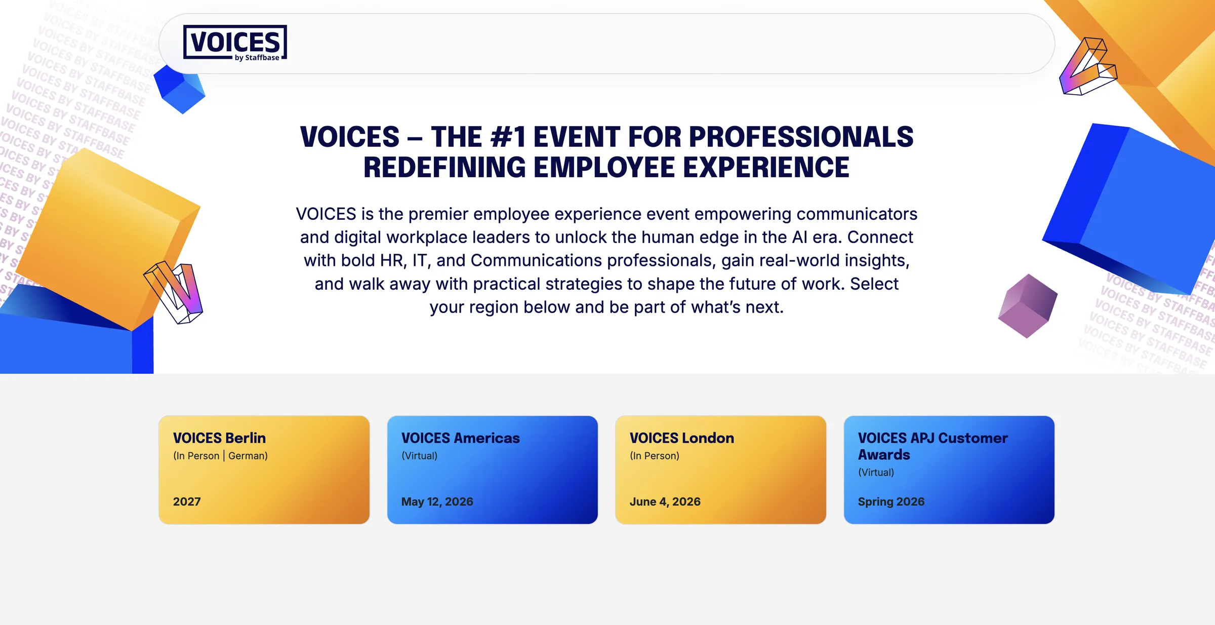 VOICES region picker hub page, listing all four editions